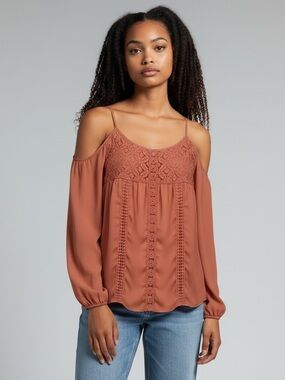 Woven Lace-Trim Cold Shoulder Tank Top - Rust